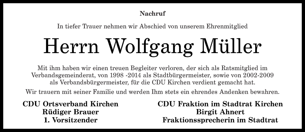  Traueranzeige für Wolfgang Müller vom 20.06.2024 aus Rhein-Zeitung