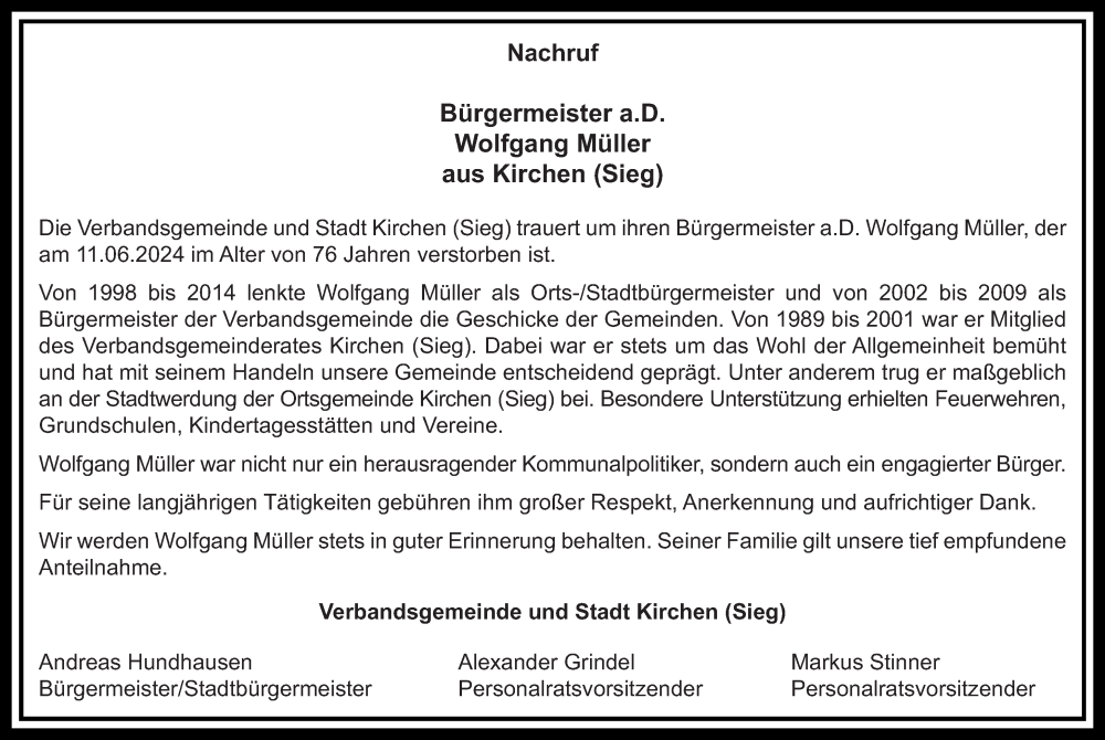  Traueranzeige für Wolfgang Müller vom 19.06.2024 aus Rhein-Zeitung