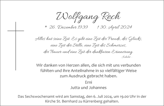 Traueranzeige von Wolfgang Rech von Rhein-Zeitung