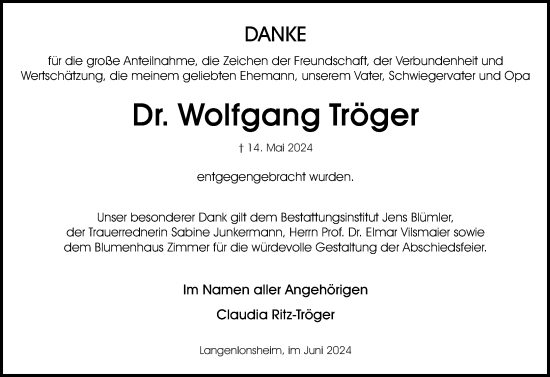 Traueranzeige von Wolfgang Tröger von Oeffentlicher Anzeiger