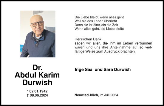 Traueranzeige von Abdul Karim Durwish von Rhein-Zeitung