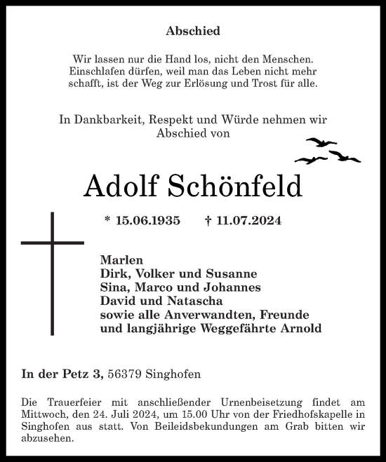 Traueranzeige von Adolf Schönfeld von Rhein-Lahn-Zeitung, Westerwälder Zeitung