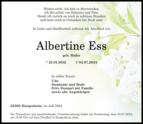 Traueranzeige von Albertine Ess von Oeffentlicher Anzeiger