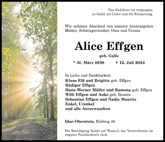 Traueranzeige von Alice Effgen von Nahe-Zeitung