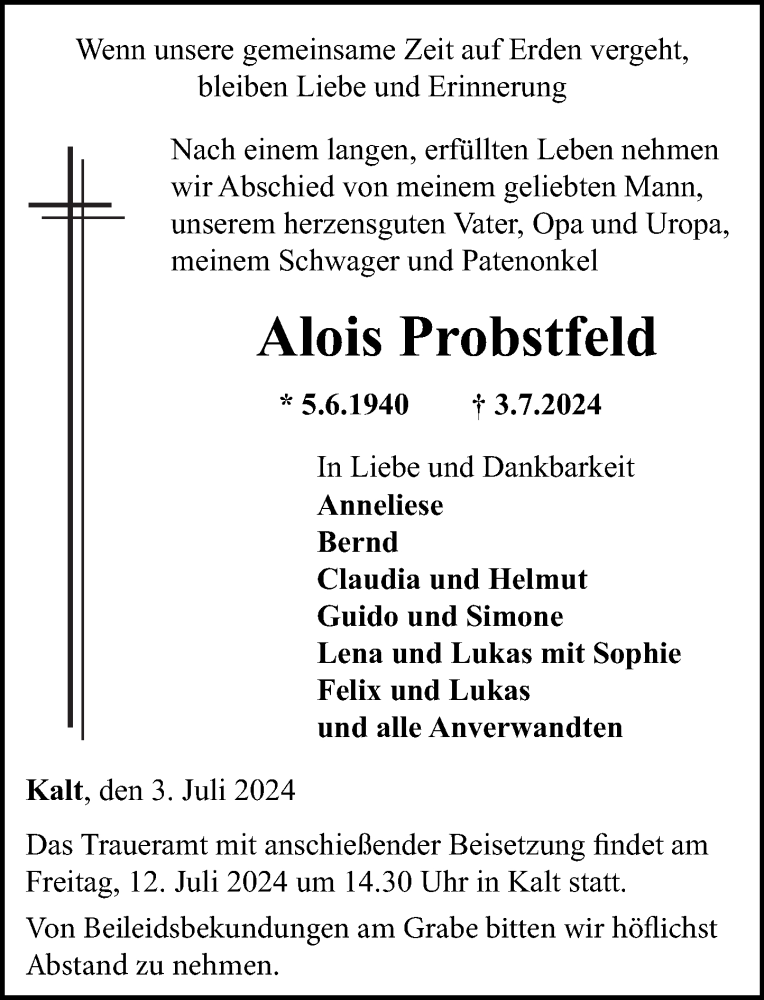  Traueranzeige für Alois Probstfeld vom 06.07.2024 aus Rhein-Lahn-Zeitung