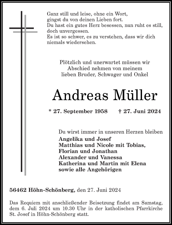 Traueranzeige von Andreas Müller von Westerwälder Zeitung