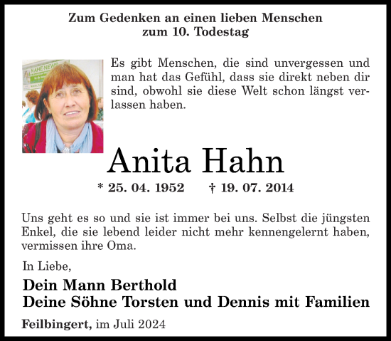 Traueranzeige von Anita Hahn von Oeffentlicher Anzeiger