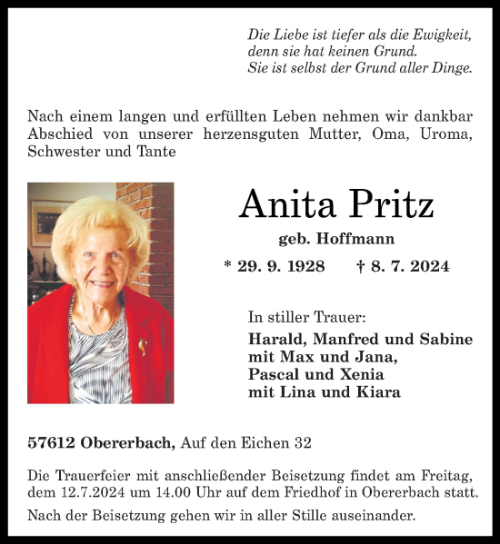 Traueranzeige von Anita Pritz von Rhein-Zeitung