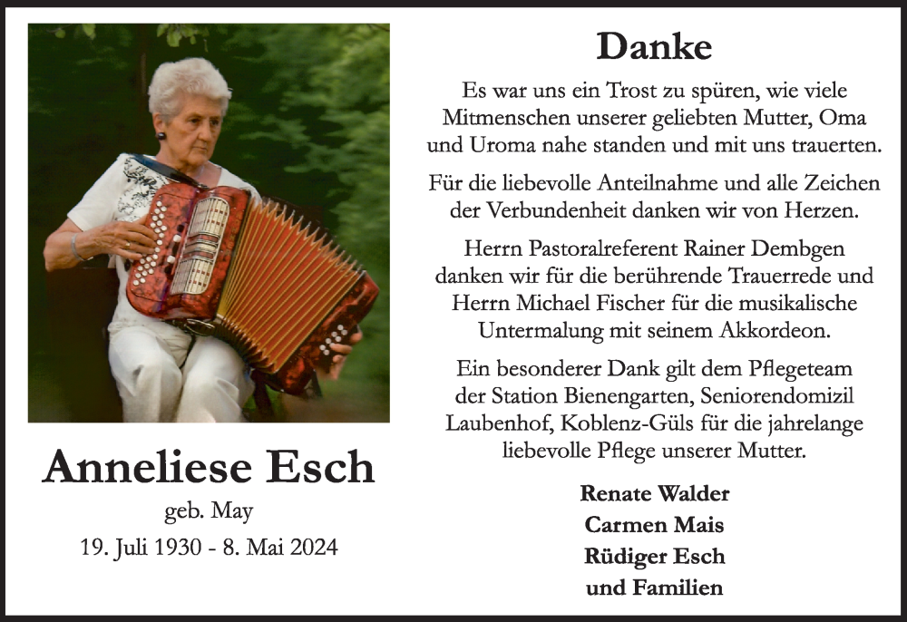  Traueranzeige für Anneliese Esch vom 13.07.2024 aus Rhein-Zeitung