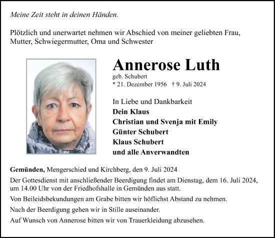 Traueranzeige von Annerose Luth von Rhein-Hunsrück-Zeitung