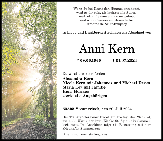 Traueranzeige von Anni Kern von Oeffentlicher Anzeiger