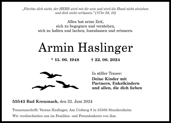 Traueranzeige von Armin Haslinger von Oeffentlicher Anzeiger