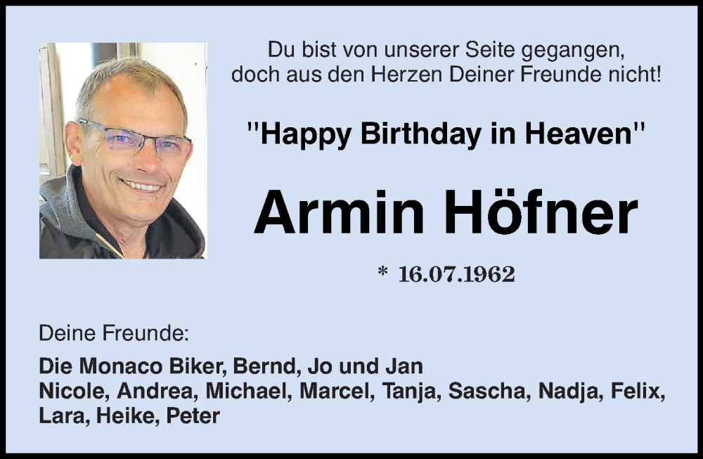  Traueranzeige für Armin Höfner vom 16.07.2024 aus Oeffentlicher Anzeiger