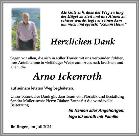 Traueranzeige von Arno Ickenroth von Westerwälder Zeitung