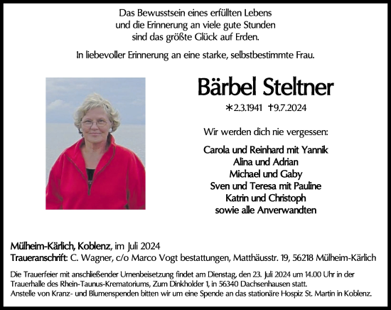 Traueranzeige von Bärbel Steltner von Rhein-Zeitung