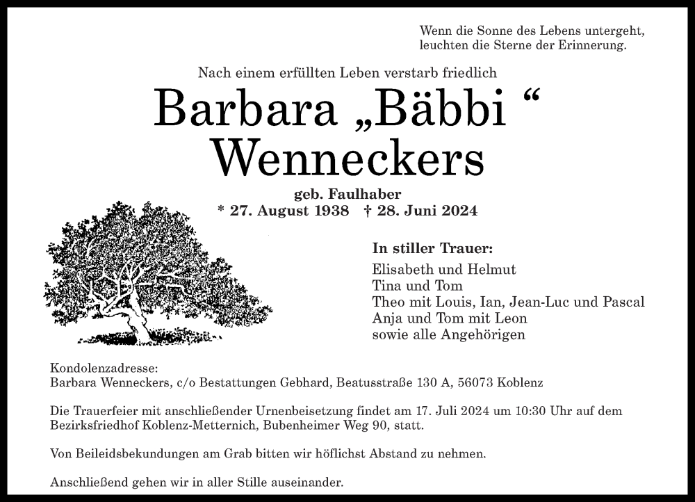  Traueranzeige für Barbara Wenneckers vom 06.07.2024 aus Rhein-Zeitung