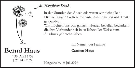 Traueranzeige von Bernd Haus von Oeffentlicher Anzeiger