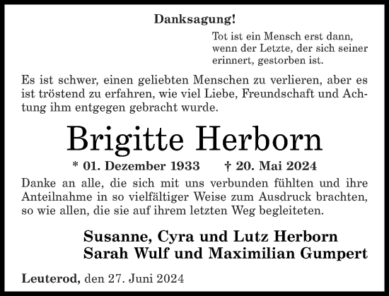 Traueranzeige von Brigitte Herborn von Westerwälder Zeitung