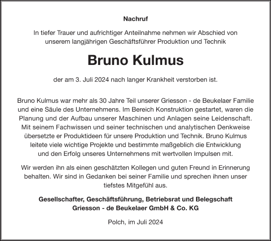 Traueranzeige von Bruno Kulmus von Rhein-Zeitung, Westerwälder Zeitung, Rhein-Hunsrück-Zeitung