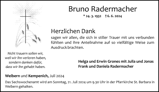 Traueranzeige von Bruno Radermacher von Rhein-Zeitung