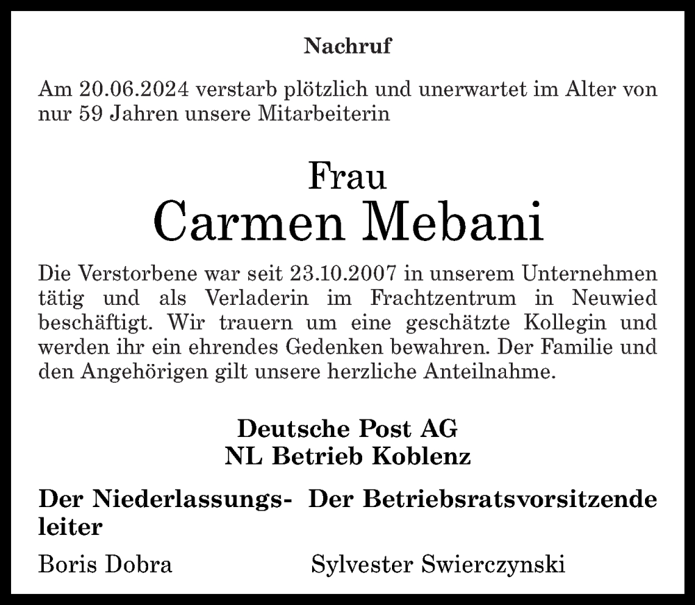  Traueranzeige für Carmen Mebani vom 05.07.2024 aus Rhein-Zeitung