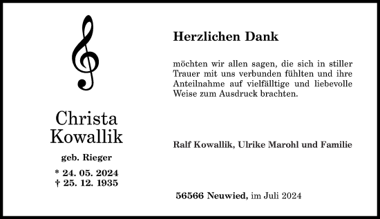 Traueranzeige von Christa Kowallik von Rhein-Zeitung