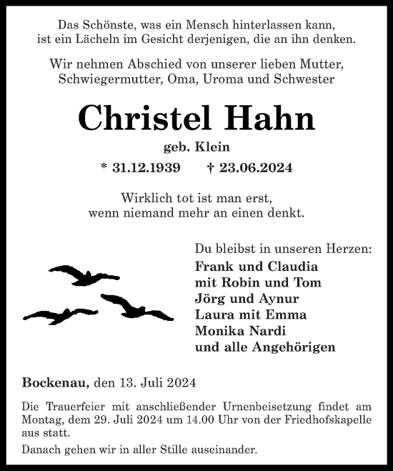 Traueranzeige von Christel Hahn von Oeffentlicher Anzeiger