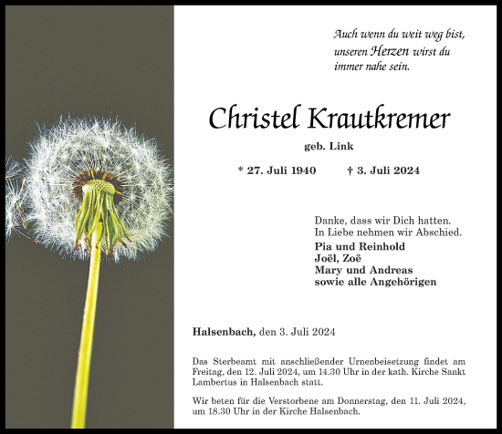 Traueranzeige von Christel Krautkremer von Rhein-Hunsrück-Zeitung