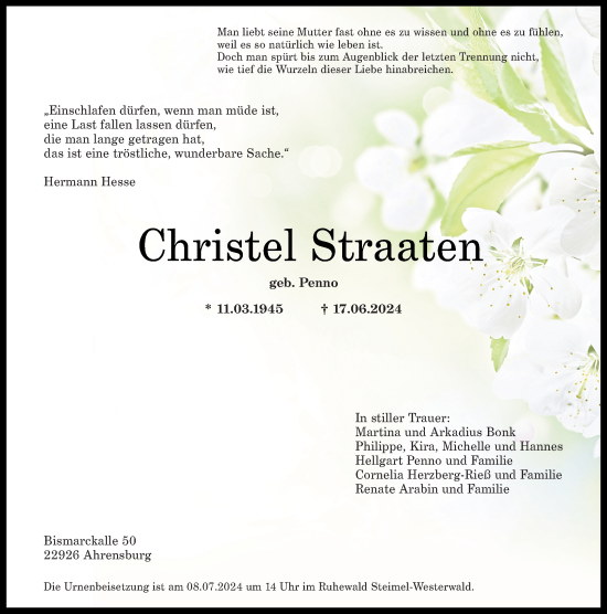 Traueranzeige von Christel Straaten von Rhein-Zeitung