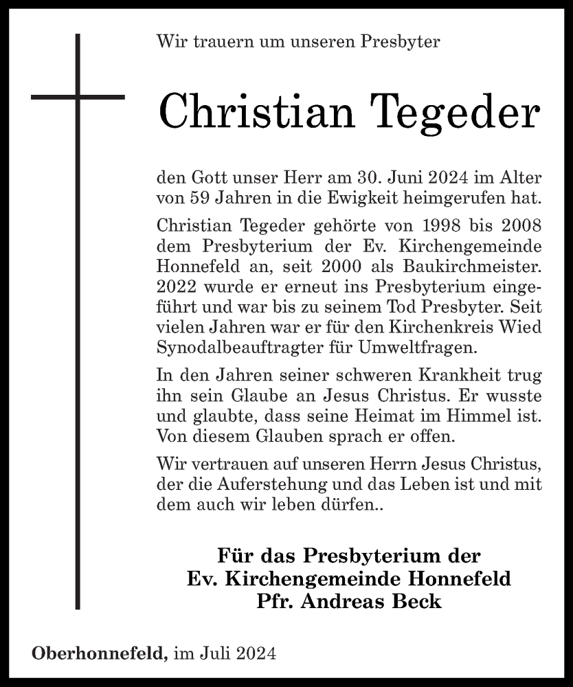  Traueranzeige für Christian Tegeder vom 13.07.2024 aus Rhein-Zeitung