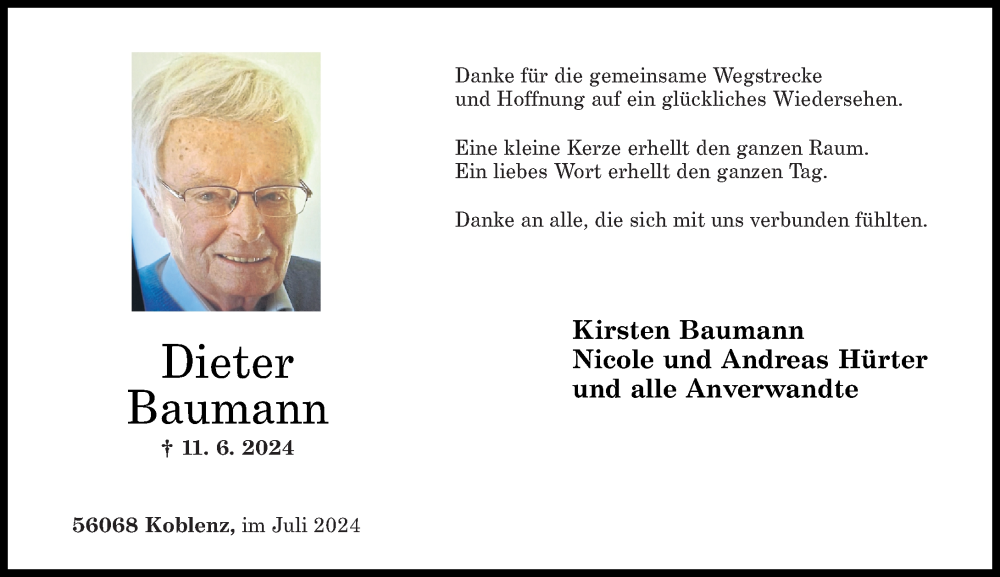  Traueranzeige für Dieter Baumann vom 06.07.2024 aus Rhein-Zeitung