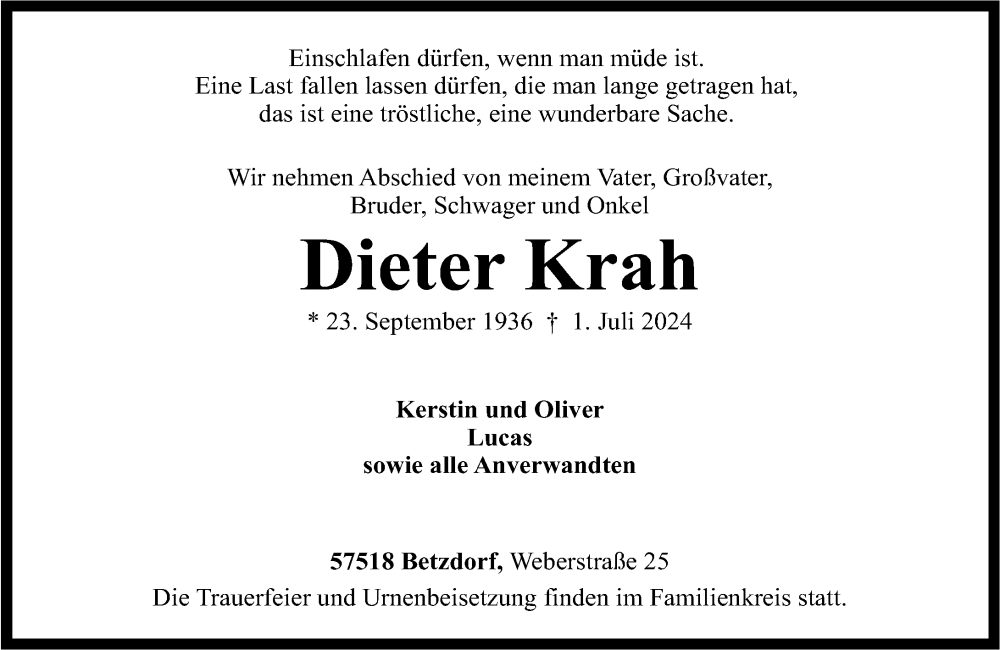  Traueranzeige für Dieter Krah vom 05.07.2024 aus Rhein-Zeitung
