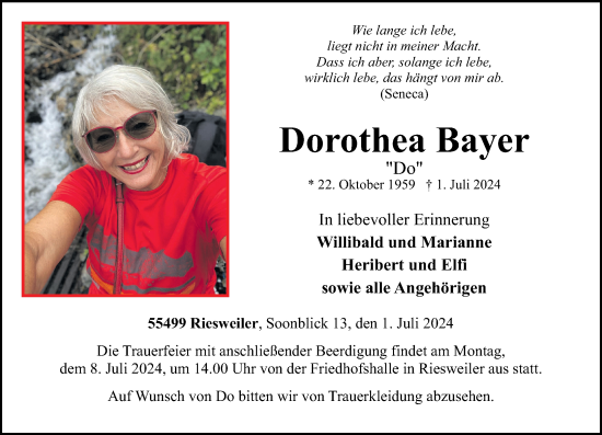 Traueranzeige von Dorothea Bayer von Rhein-Hunsrück-Zeitung