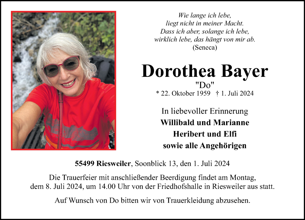  Traueranzeige für Dorothea Bayer vom 04.07.2024 aus Rhein-Hunsrück-Zeitung