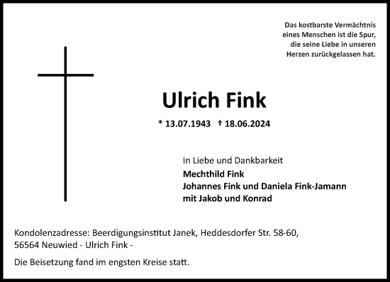 Traueranzeige von Ulrich Fink von Rhein-Zeitung