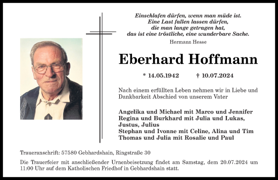 Traueranzeige von Eberhard Hoffmann von Rhein-Zeitung