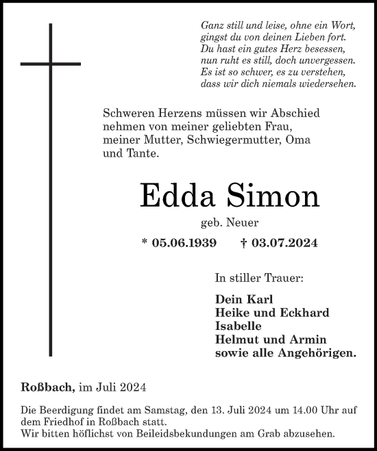 Traueranzeige von Edda Simon von Westerwälder Zeitung