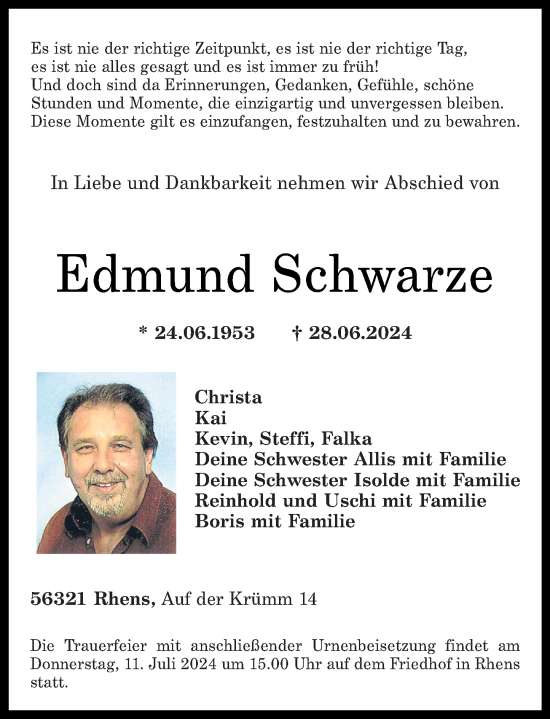 Traueranzeige von Edmund Schwarze von Rhein-Zeitung