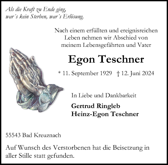 Traueranzeige von Egon Teschner von Oeffentlicher Anzeiger
