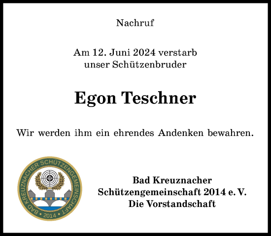 Traueranzeige von Egon Teschner von Oeffentlicher Anzeiger