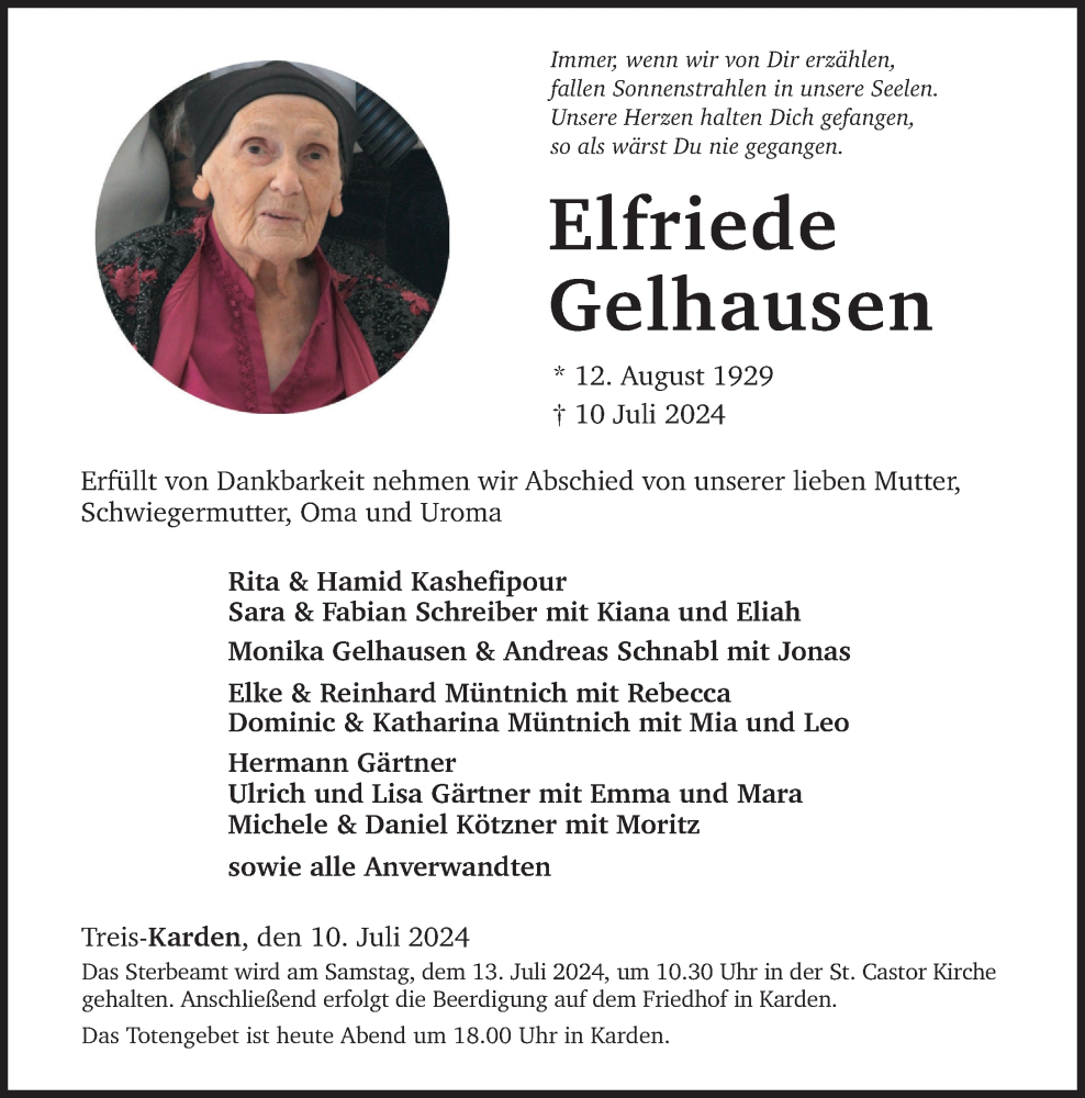  Traueranzeige für Elfriede Gelhausen vom 12.07.2024 aus Rhein-Zeitung