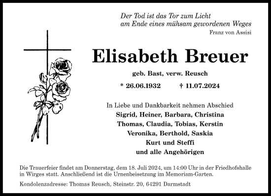 Traueranzeige von Elisabeth Breuer von Westerwälder Zeitung