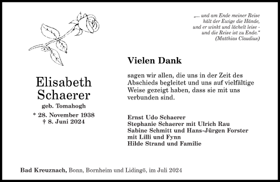 Traueranzeige von Elisabeth Schaerer von Oeffentlicher Anzeiger