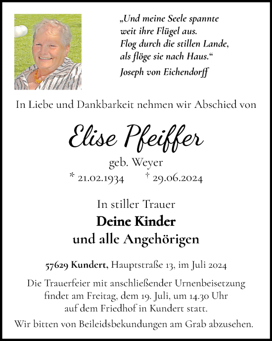 Traueranzeige von Elise Pfeiffer von Westerwälder Zeitung