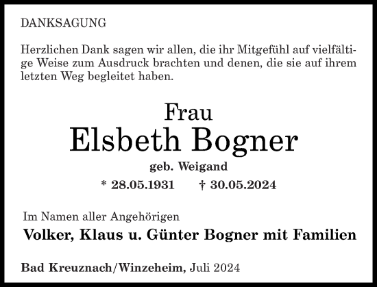 Traueranzeige von Elsbeth Bogner von Oeffentlicher Anzeiger