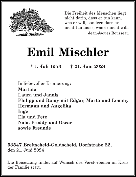 Traueranzeige von Emil Mischler von Rhein-Zeitung
