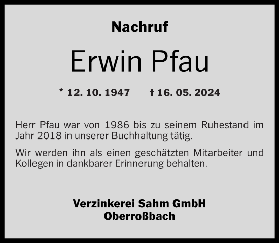 Traueranzeige von Erwin Pfau von Westerwälder Zeitung