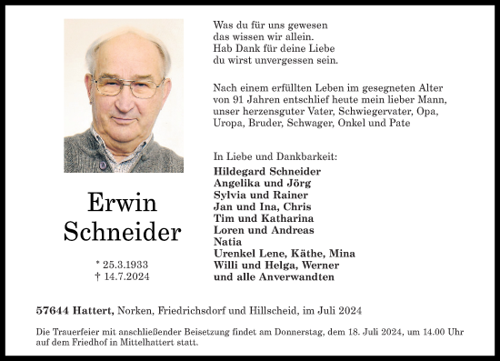 Traueranzeige von Erwin Schneider von Westerwälder Zeitung