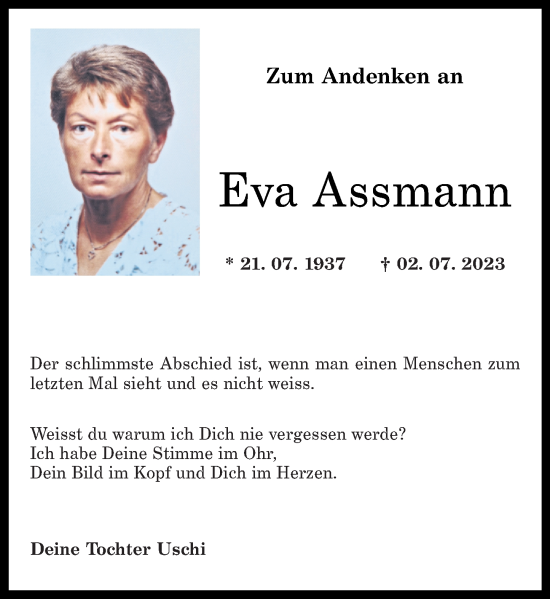Traueranzeige von Eva Assmann von Rhein-Zeitung