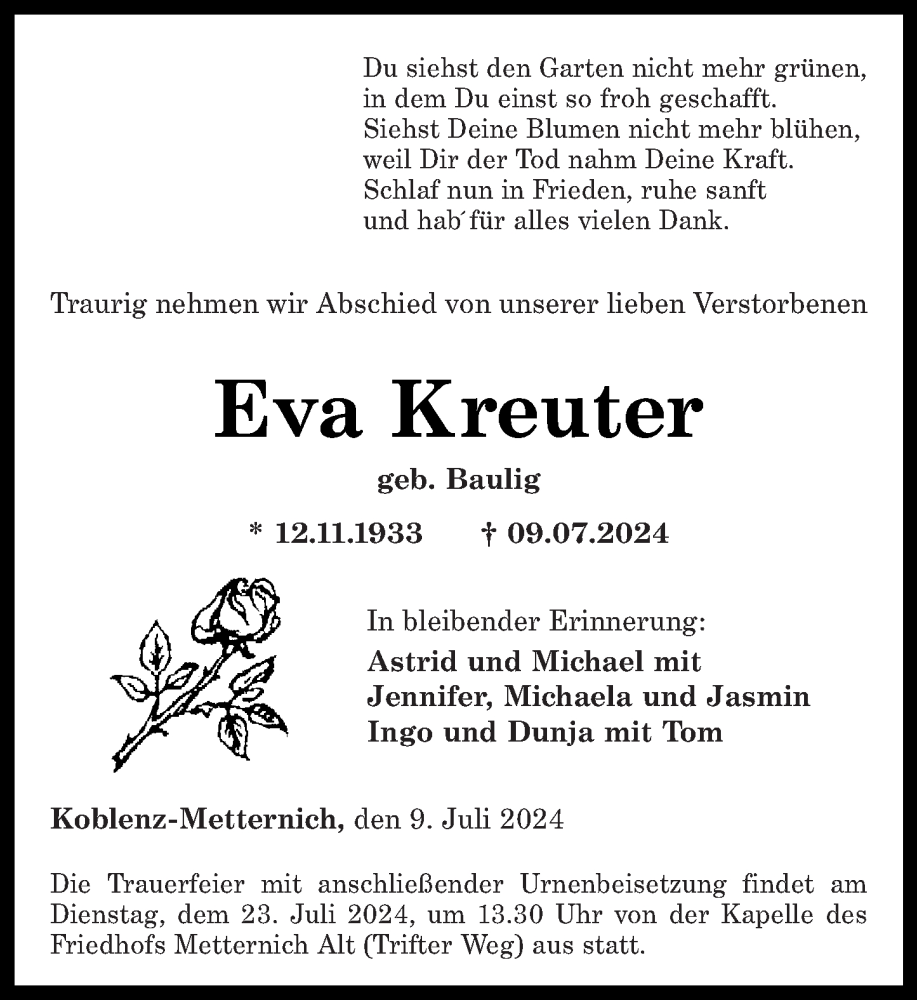  Traueranzeige für Eva Kreuter vom 13.07.2024 aus Rhein-Zeitung